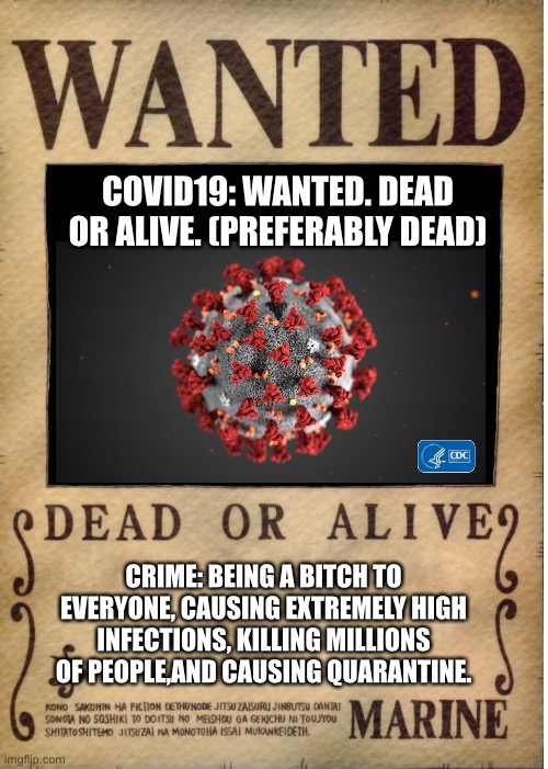 One piece wanted poster template | COVID19: WANTED. DEAD OR ALIVE. (PREFERABLY DEAD); CRIME: BEING A BITCH TO EVERYONE, CAUSING EXTREMELY HIGH INFECTIONS, KILLING MILLIONS OF PEOPLE,AND CAUSING QUARANTINE. | image tagged in one piece wanted poster template | made w/ Imgflip meme maker