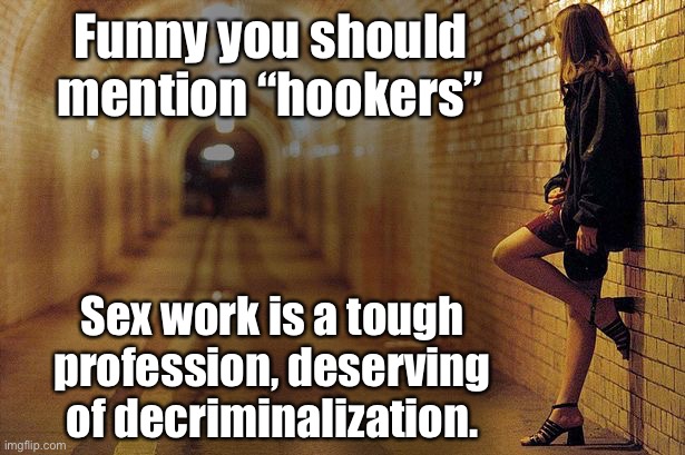 At the end of the day, sex work is just porn off-camera. You don’t have to celebrate it, but it should be decriminalized. | Funny you should mention “hookers”; Sex work is a tough profession, deserving of decriminalization. | image tagged in prostitute,porn,prostitution,criminal,law,sex | made w/ Imgflip meme maker