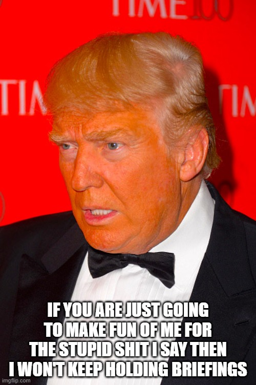 Orange Trump | IF YOU ARE JUST GOING TO MAKE FUN OF ME FOR THE STUPID SHIT I SAY THEN I WON'T KEEP HOLDING BRIEFINGS | image tagged in orange trump | made w/ Imgflip meme maker