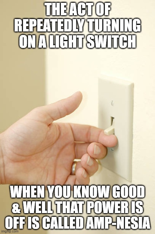 Amp-Nesia | THE ACT OF REPEATEDLY TURNING ON A LIGHT SWITCH; WHEN YOU KNOW GOOD & WELL THAT POWER IS OFF IS CALLED AMP-NESIA | image tagged in light switch | made w/ Imgflip meme maker
