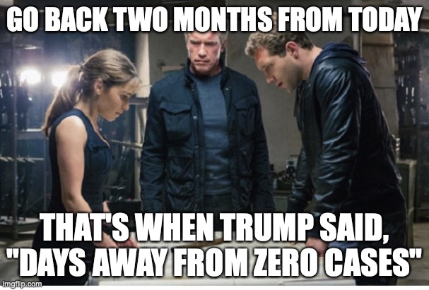 Travel back in time | GO BACK TWO MONTHS FROM TODAY; THAT'S WHEN TRUMP SAID, "DAYS AWAY FROM ZERO CASES" | image tagged in travel back in time | made w/ Imgflip meme maker