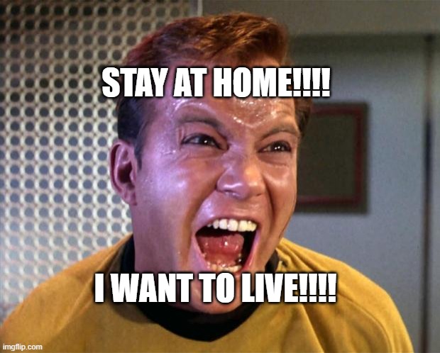 Captain Kirk Screaming | STAY AT HOME!!!! I WANT TO LIVE!!!! | image tagged in captain kirk screaming | made w/ Imgflip meme maker