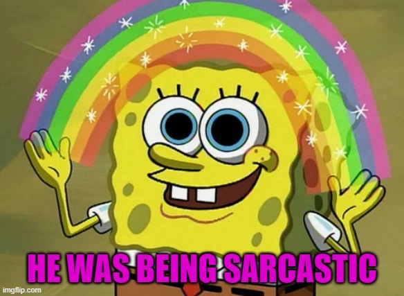 Imagination Spongebob | HE WAS BEING SARCASTIC | image tagged in memes,imagination spongebob | made w/ Imgflip meme maker