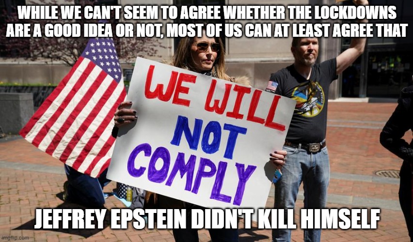 Corona Epstein | WHILE WE CAN'T SEEM TO AGREE WHETHER THE LOCKDOWNS ARE A GOOD IDEA OR NOT, MOST OF US CAN AT LEAST AGREE THAT; JEFFREY EPSTEIN DIDN'T KILL HIMSELF | image tagged in jeffrey epstein,coronavirus meme,lockdown | made w/ Imgflip meme maker