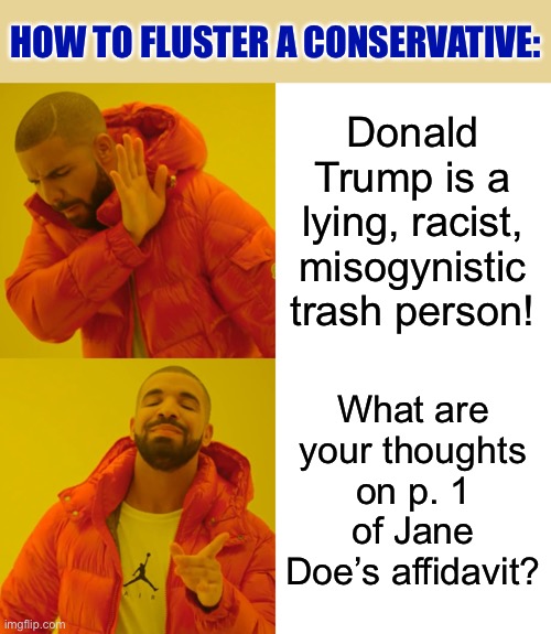 Yes, Trump is a moron, but his supporters thrive on insult-trading. Ground the discussion in facts and watch them melt. | HOW TO FLUSTER A CONSERVATIVE:; Donald Trump is a lying, racist, misogynistic trash person! What are your thoughts on p. 1 of Jane Doe’s affidavit? | image tagged in drake hotline bling,trump is a moron,insults,misogyny,rape,conservatives | made w/ Imgflip meme maker