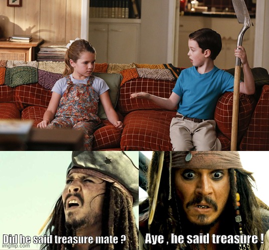 Did he said treasure mate ? Aye , he said treasure ! | image tagged in young sheldon,sheldon cooper,captain jack sparrow | made w/ Imgflip meme maker