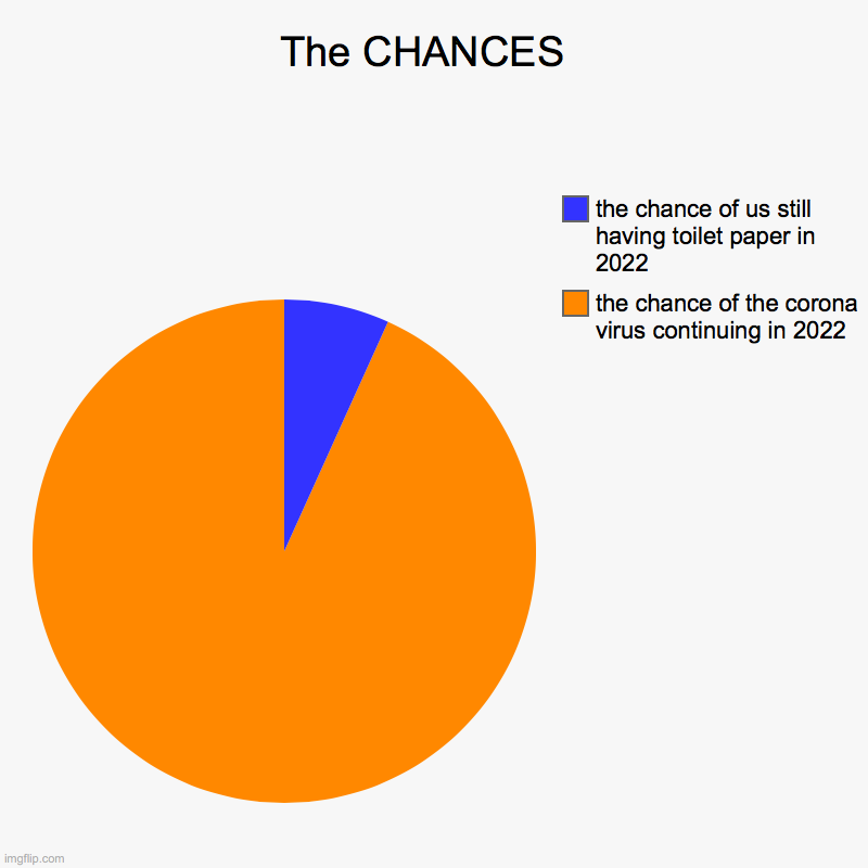 The CHANCES  | the chance of the corona virus continuing in 2022, the chance of us still having toilet paper in 2022 | image tagged in charts,pie charts | made w/ Imgflip chart maker