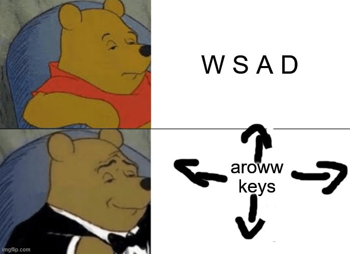 Tuxedo Winnie The Pooh | W S A D; aroww keys | image tagged in memes,tuxedo winnie the pooh | made w/ Imgflip meme maker