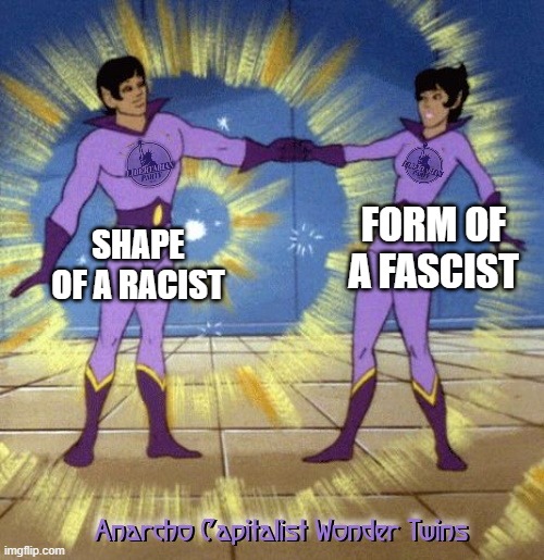 anarcho capitalst wonder twins | SHAPE OF A RACIST; FORM OF A FASCIST | image tagged in libertarian | made w/ Imgflip meme maker