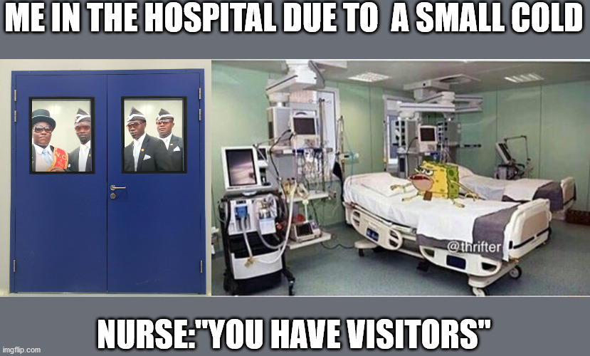 ME IN THE HOSPITAL DUE TO  A SMALL COLD; NURSE:"YOU HAVE VISITORS" | image tagged in hospital spongegar,casket carriers are waiting behind the door | made w/ Imgflip meme maker