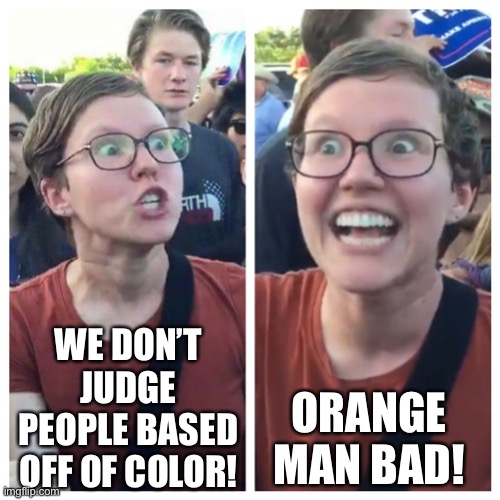 Orange man? | WE DON’T JUDGE PEOPLE BASED OFF OF COLOR! ORANGE MAN BAD! | image tagged in social justice warrior hypocrisy,sjw,donald trump,funny,memes,orange,ConservativeMemes | made w/ Imgflip meme maker
