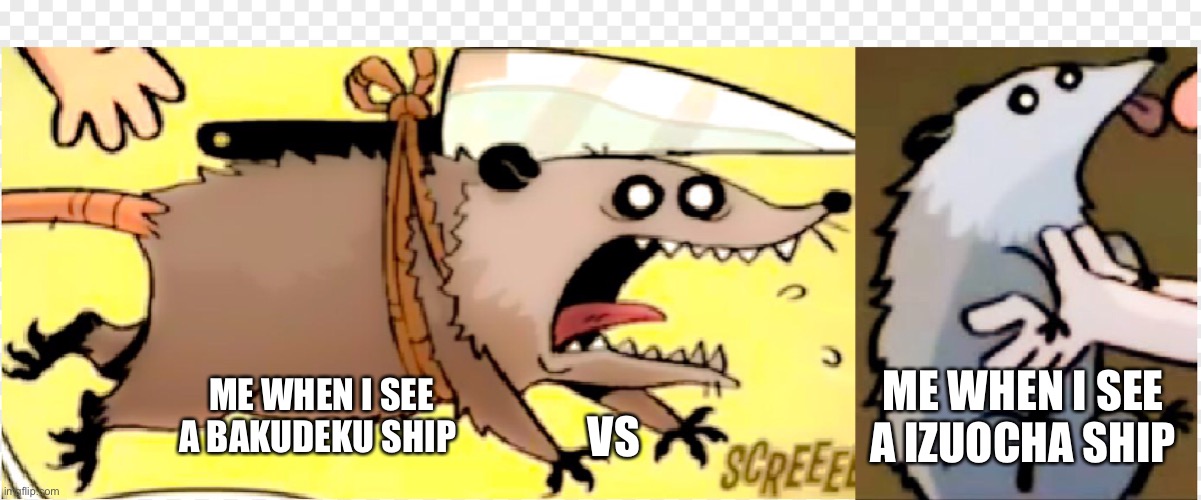 Attack possum | ME WHEN I SEE A IZUOCHA SHIP; ME WHEN I SEE A BAKUDEKU SHIP; VS | image tagged in memes,gravity falls,animals | made w/ Imgflip meme maker