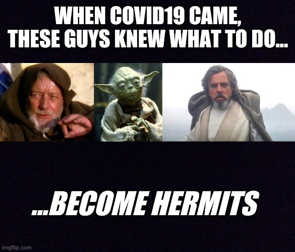 Just be like these dudes | WHEN COVID19 CAME, THESE GUYS KNEW WHAT TO DO... ...BECOME HERMITS | image tagged in memes,star wars yoda,obiwan,luke skywalker,black screen | made w/ Imgflip meme maker