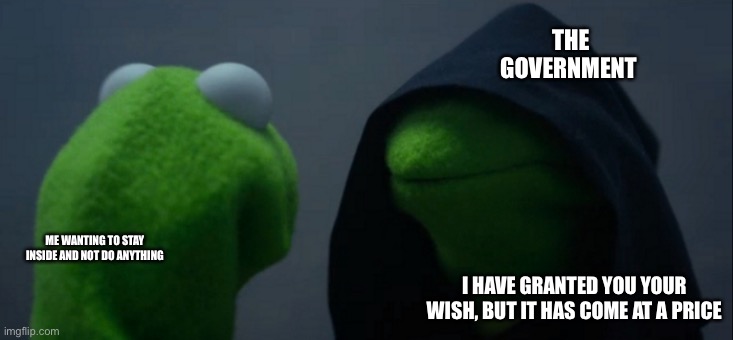 Evil Kermit | THE GOVERNMENT; ME WANTING TO STAY INSIDE AND NOT DO ANYTHING; I HAVE GRANTED YOU YOUR WISH, BUT IT HAS COME AT A PRICE | image tagged in memes,evil kermit | made w/ Imgflip meme maker