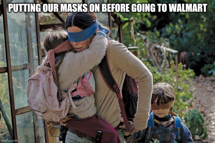 Birdbox blindfold leading kids on trail | PUTTING OUR MASKS ON BEFORE GOING TO WALMART | image tagged in birdbox blindfold leading kids on trail | made w/ Imgflip meme maker