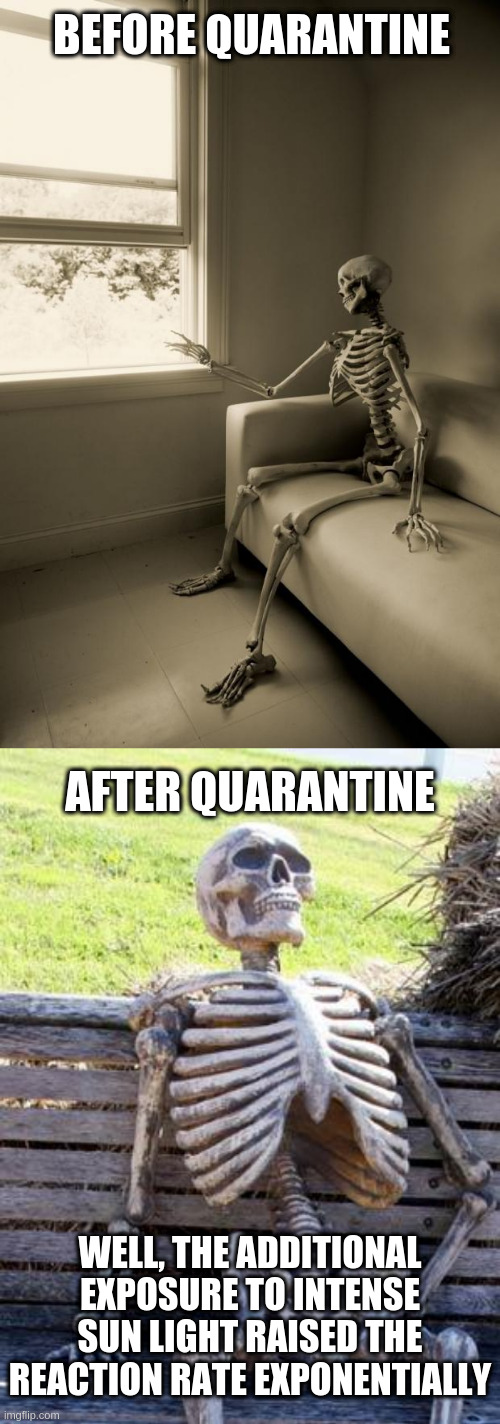 BEFORE QUARANTINE AFTER QUARANTINE WELL, THE ADDITIONAL EXPOSURE TO INTENSE SUN LIGHT RAISED THE REACTION RATE EXPONENTIALLY | image tagged in memes,waiting skeleton,skeleton waiting | made w/ Imgflip meme maker