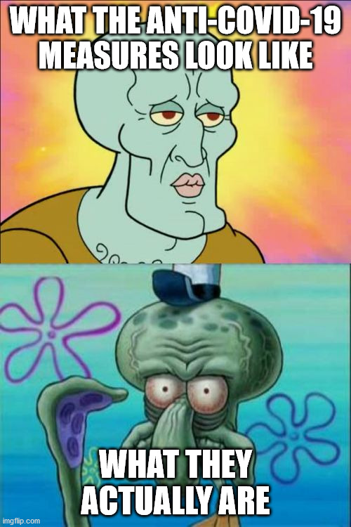 The government is taking freedom and it isn't going to give it back | WHAT THE ANTI-COVID-19 MEASURES LOOK LIKE; WHAT THEY ACTUALLY ARE | image tagged in memes,squidward | made w/ Imgflip meme maker