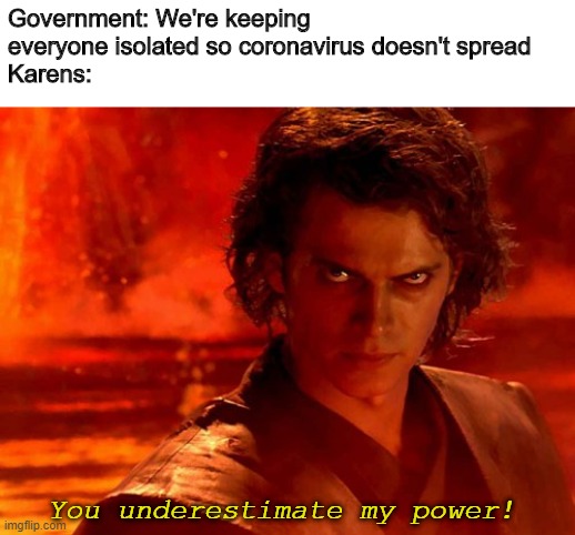 5g | Government: We're keeping everyone isolated so coronavirus doesn't spread
Karens:; You underestimate my power! | image tagged in memes,you underestimate my power,karen,corona virus,star wars,quarantine | made w/ Imgflip meme maker