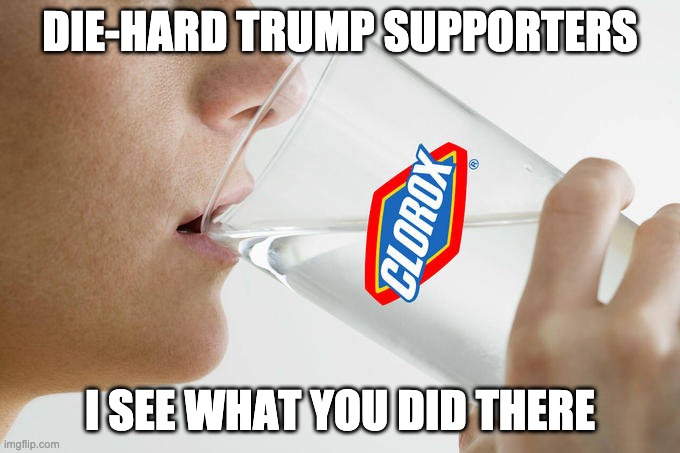 Die-Hard Trump Supporters | DIE-HARD TRUMP SUPPORTERS; I SEE WHAT YOU DID THERE | image tagged in die-hard,die,hard,trump,supporters,clorox | made w/ Imgflip meme maker