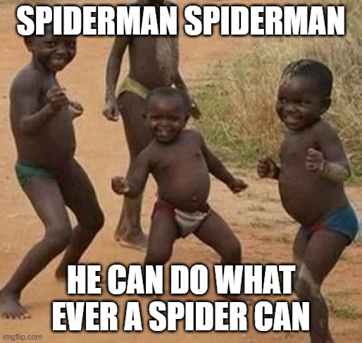 AFRICAN KIDS DANCING | SPIDERMAN SPIDERMAN; HE CAN DO WHAT EVER A SPIDER CAN | image tagged in african kids dancing | made w/ Imgflip meme maker