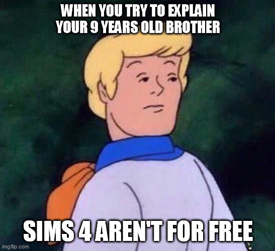 Sims 4 aren't for free | WHEN YOU TRY TO EXPLAIN YOUR 9 YEARS OLD BROTHER; SIMS 4 AREN'T FOR FREE | image tagged in fred is done with your business | made w/ Imgflip meme maker