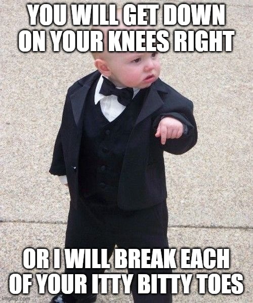 It's so adorable | YOU WILL GET DOWN ON YOUR KNEES RIGHT OR I WILL BREAK EACH OF YOUR ITTY BITTY TOES | image tagged in memes,baby godfather | made w/ Imgflip meme maker
