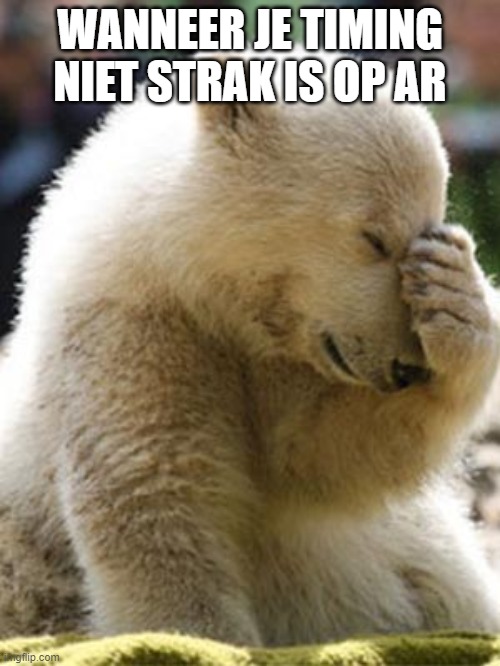 Facepalm Bear Meme | WANNEER JE TIMING NIET STRAK IS OP AR | image tagged in memes,facepalm bear | made w/ Imgflip meme maker