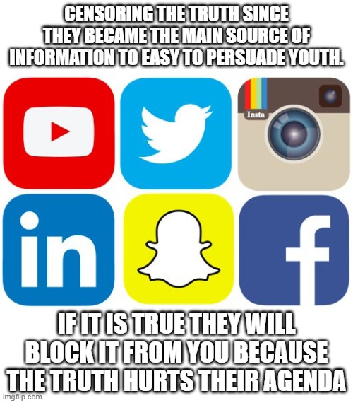 Truth will not be tolerated. | CENSORING THE TRUTH SINCE THEY BECAME THE MAIN SOURCE OF INFORMATION TO EASY TO PERSUADE YOUTH. IF IT IS TRUE THEY WILL BLOCK IT FROM YOU BECAUSE THE TRUTH HURTS THEIR AGENDA | image tagged in social media icons | made w/ Imgflip meme maker