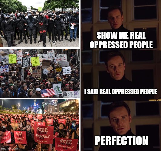 Hong Kong is more oppressed than Portland, California, or New York. Change my mind. | SHOW ME REAL OPPRESSED PEOPLE; I SAID REAL OPPRESSED PEOPLE; PERFECTION | image tagged in perfection,politics,american politics,hong kong,antifa | made w/ Imgflip meme maker