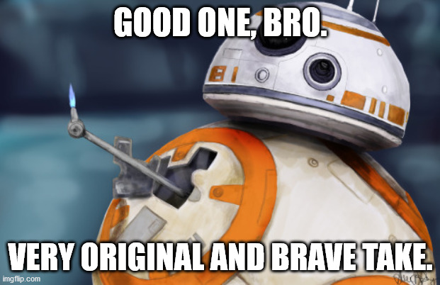 Star Wars Droids sarcastically compliment your meme #1 | GOOD ONE, BRO. VERY ORIGINAL AND BRAVE TAKE. | image tagged in bb8 thumbsup | made w/ Imgflip meme maker
