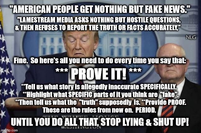 PROVE IT OR STFU! | "AMERICAN PEOPLE GET NOTHING BUT FAKE NEWS."; "LAMESTREAM MEDIA ASKS NOTHING BUT HOSTILE QUESTIONS, & THEN REFUSES TO REPORT THE TRUTH OR FACTS ACCURATELY,”; NLG; Fine.  So here's all you need to do every time you say that:; *** PROVE IT! ***; **Tell us what story is allegedly inaccurate SPECIFICALLY.  
 **Highlight what SPECIFIC parts of it you think are  "fake".
 **Then tell us what the  "truth" supposedly  is. **Provide PROOF.
Those are the rules from now on.  PERIOD. UNTIL YOU DO ALL THAT, STOP LYING & SHUT UP! | image tagged in politics,political meme,political | made w/ Imgflip meme maker