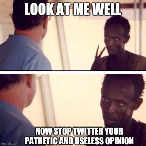 Captain Phillips - I'm The Captain Now | LOOK AT ME WELL; NOW STOP TWITTER YOUR PATHETIC AND USELESS OPINION | image tagged in memes,captain phillips - i'm the captain now,twitter | made w/ Imgflip meme maker