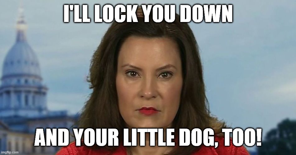 Gretchen Whitmer Witch Face | I'LL LOCK YOU DOWN; AND YOUR LITTLE DOG, TOO! | image tagged in gretchen whitmer witch face | made w/ Imgflip meme maker