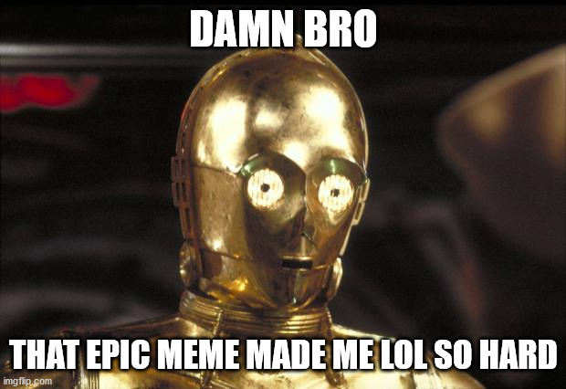 Star Wars Droids sarcastically compliment your meme # | DAMN BRO THAT EPIC MEME MADE ME LOL SO HARD | image tagged in c3po | made w/ Imgflip meme maker