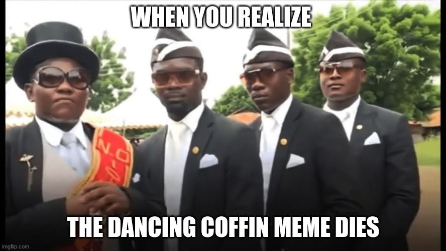 dancing coffin meme | WHEN YOU REALIZE; THE DANCING COFFIN MEME DIES | image tagged in dancing coffin meme,memes | made w/ Imgflip meme maker
