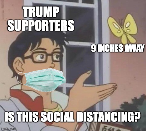 Noses in or noses out? | TRUMP SUPPORTERS; 9 INCHES AWAY; IS THIS SOCIAL DISTANCING? | image tagged in trump supporters,maga,social distancing,trump,please stop,mask | made w/ Imgflip meme maker
