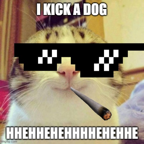 when a cat kick a dog.. | I KICK A DOG; HHEHHEHEHHHHEHEHHE | image tagged in memes,smiling cat | made w/ Imgflip meme maker