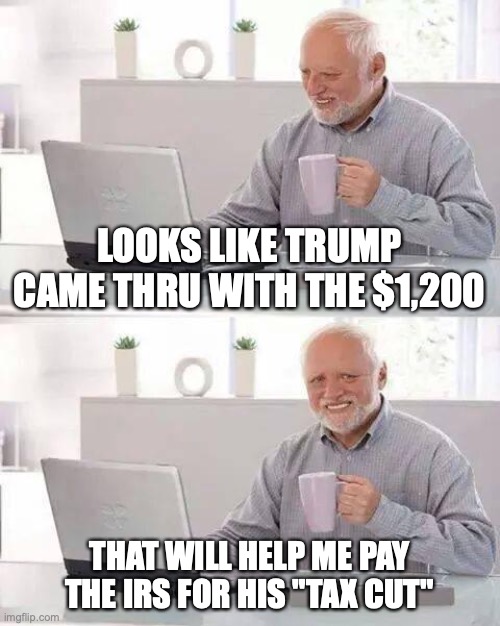 Gotta pay them taxes. | LOOKS LIKE TRUMP CAME THRU WITH THE $1,200; THAT WILL HELP ME PAY THE IRS FOR HIS "TAX CUT" | image tagged in tax cuts,trump supporters,irs,maga | made w/ Imgflip meme maker