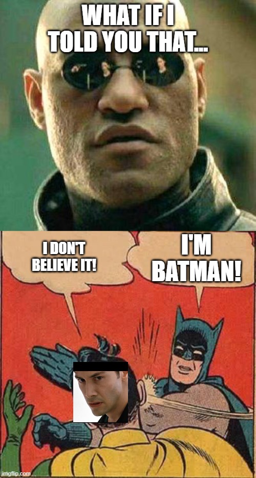 WHAT IF I TOLD YOU THAT... I'M BATMAN! I DON'T BELIEVE IT! | image tagged in what if i told you | made w/ Imgflip meme maker