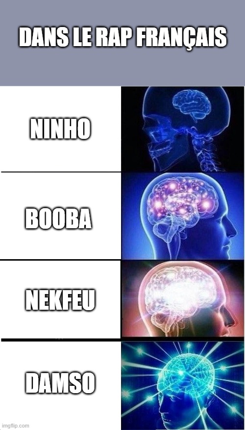 Expanding Brain Meme | DANS LE RAP FRANÇAIS; NINHO; BOOBA; NEKFEU; DAMSO | image tagged in memes,expanding brain | made w/ Imgflip meme maker