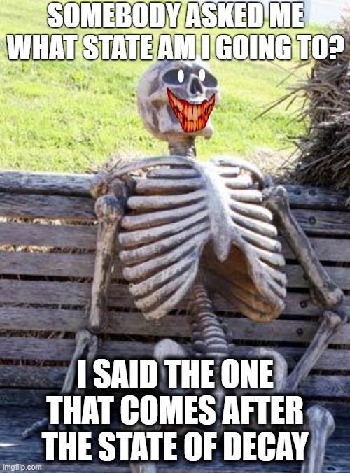 Comedian Waiting Skeleton | SOMEBODY ASKED ME WHAT STATE AM I GOING TO? I SAID THE ONE THAT COMES AFTER THE STATE OF DECAY | image tagged in memes,waiting skeleton,funny memes,too funny,funny meme,funny | made w/ Imgflip meme maker