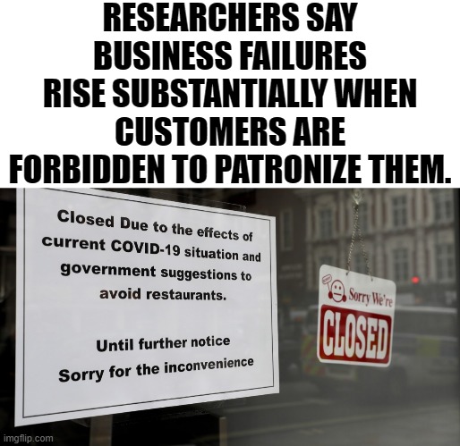 “When there are no government-imposed restrictions on patronizing a business, the business tends to do much better" | RESEARCHERS SAY BUSINESS FAILURES RISE SUBSTANTIALLY WHEN CUSTOMERS ARE FORBIDDEN TO PATRONIZE THEM. | image tagged in blank white template,the daily wasp,covid 19 business failures | made w/ Imgflip meme maker