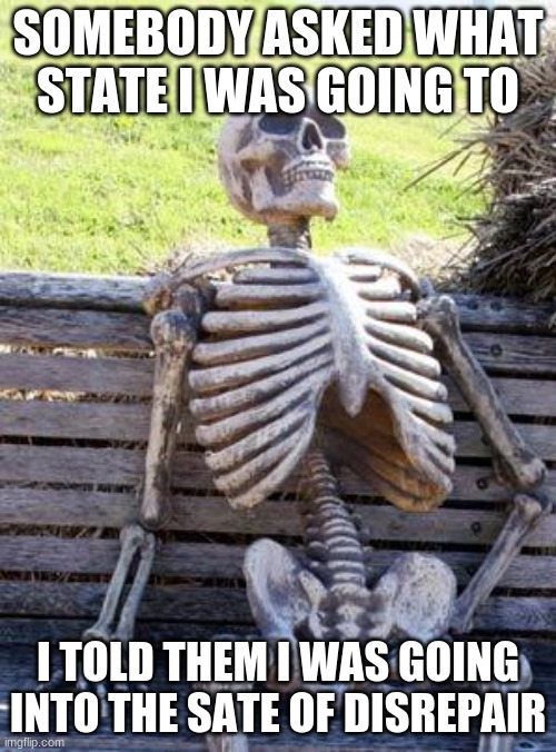 DED | SOMEBODY ASKED WHAT STATE I WAS GOING TO; I TOLD THEM I WAS GOING INTO THE SATE OF DISREPAIR | image tagged in memes,waiting skeleton | made w/ Imgflip meme maker