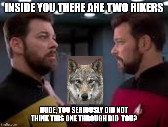 Two Rikers | INSIDE YOU THERE ARE TWO RIKERS; DUDE, YOU SERIOUSLY DID NOT THINK THIS ONE THROUGH DID  YOU? | image tagged in riker,wolves,wolf | made w/ Imgflip meme maker