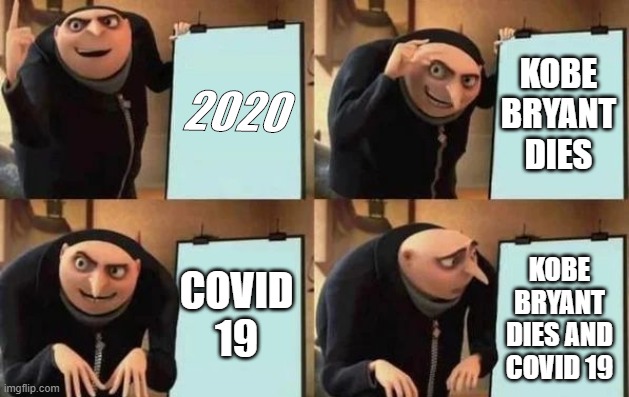 Gru's Plan Meme | 2020; KOBE BRYANT DIES; COVID 19; KOBE BRYANT DIES AND COVID 19 | image tagged in gru's plan | made w/ Imgflip meme maker