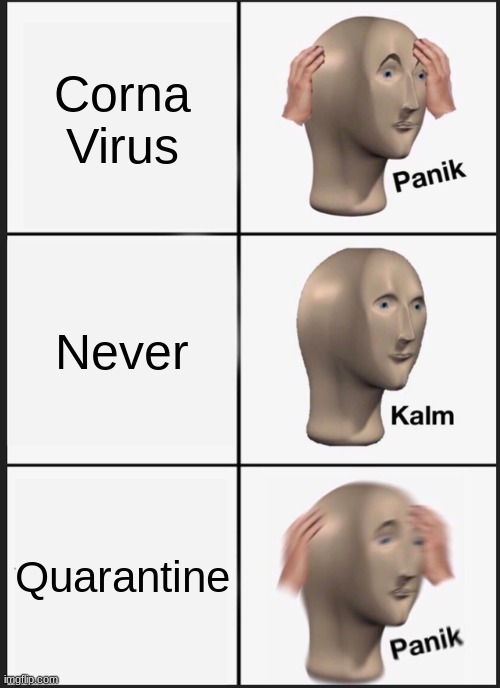 Panik Kalm Panik Meme | Corna Virus; Never; Quarantine | image tagged in memes,panik kalm panik | made w/ Imgflip meme maker
