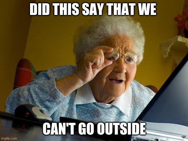 Grandma Finds The Internet Meme | DID THIS SAY THAT WE; CAN'T GO OUTSIDE | image tagged in memes,grandma finds the internet | made w/ Imgflip meme maker