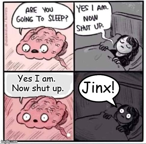 Oh the monotony. | Yes I am. 
Now shut up. Jinx! | image tagged in are you going to sleep,jinx,monotony | made w/ Imgflip meme maker
