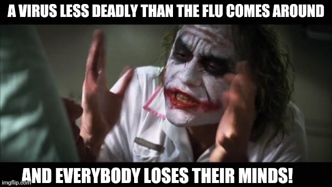 Seriously guys, its less deadly than the flu. | A VIRUS LESS DEADLY THAN THE FLU COMES AROUND; AND EVERYBODY LOSES THEIR MINDS! | image tagged in memes,and everybody loses their minds | made w/ Imgflip meme maker