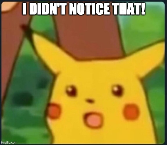Surprised Pikachu | I DIDN'T NOTICE THAT! | image tagged in surprised pikachu | made w/ Imgflip meme maker